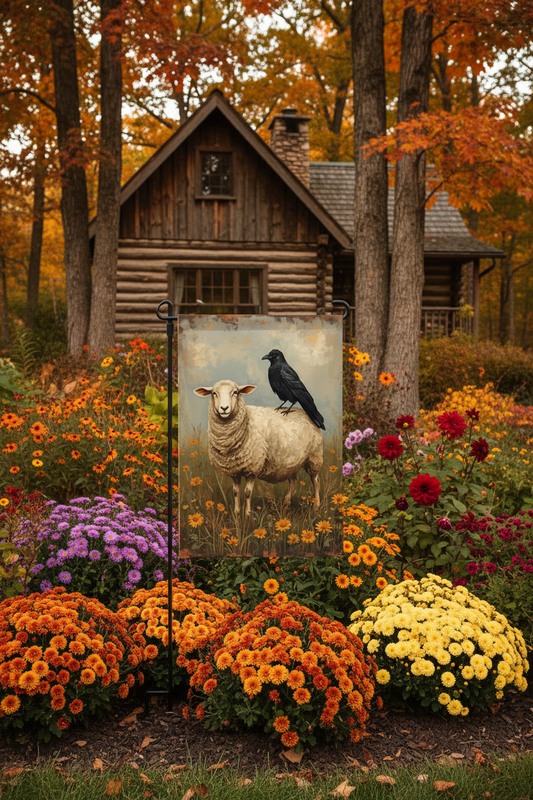 Wooden cabin with a painting of a sheep and crow in a garden with colorful flowers.