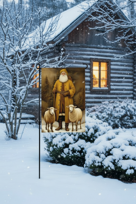 A vertical garden flag featuring an illustration of Santa Claus in a yellow coat with two sheep, displayed on a black metal stake in a snowy outdoor setting in front of a log cabin.