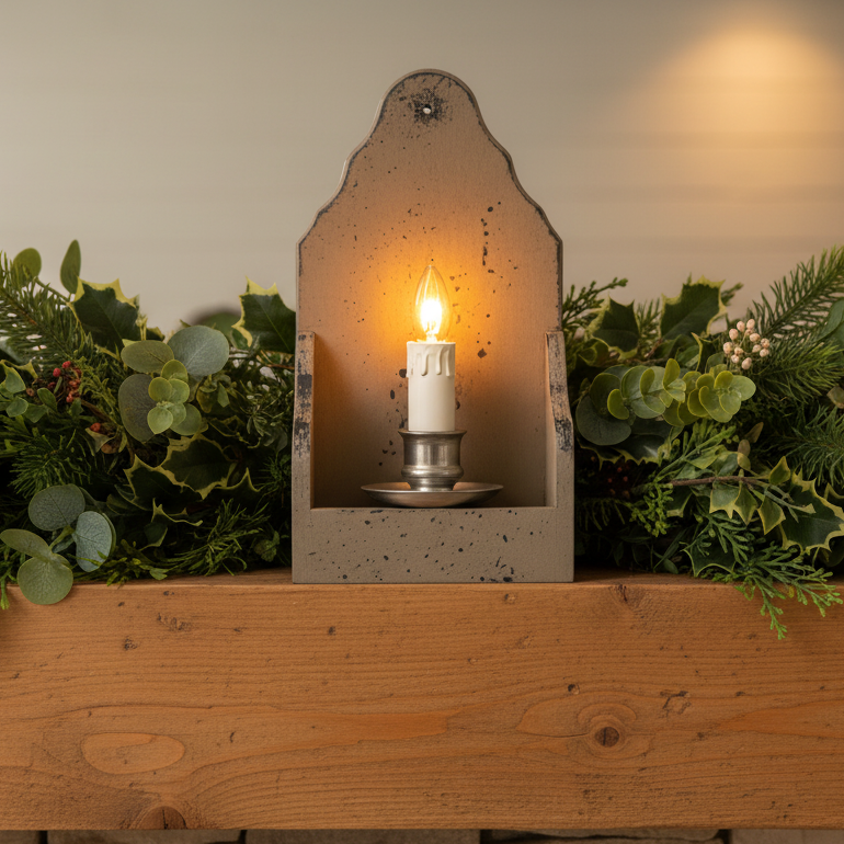 Decorative wall sconce with a lit candle surrounded by greenery on a wooden surface.