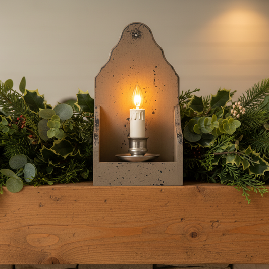 Decorative wall sconce with a lit candle surrounded by greenery on a wooden surface.