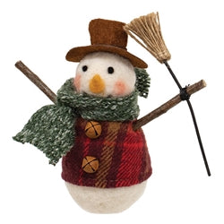 Decorative snowman figurine with a broom, scarf, and hat on a white background