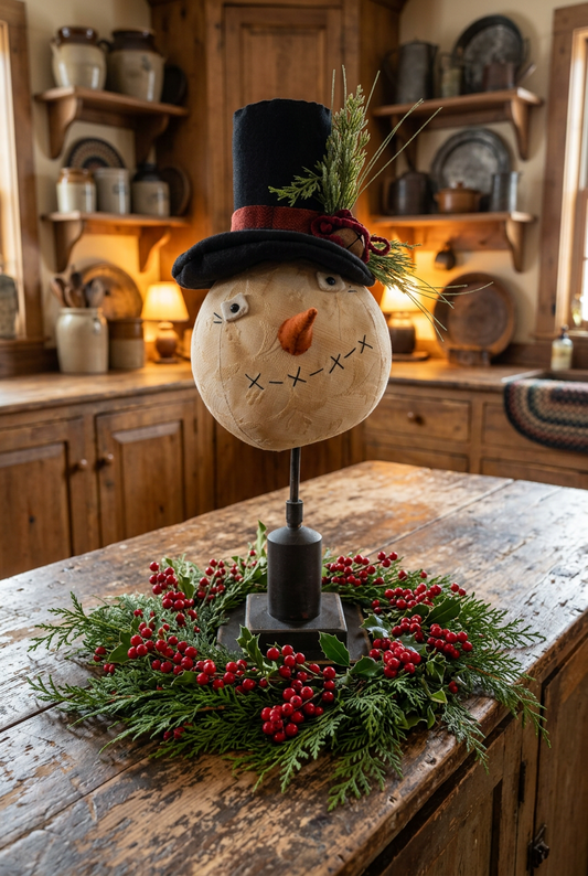 Primitive snowman on spindle in a primitive kitchen setting with fresh cedar greens and berries.