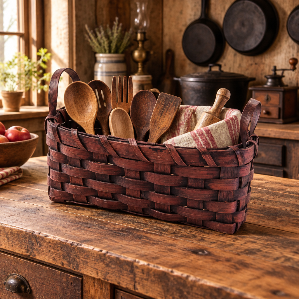Basket with wooden tools in a primitive kichen.