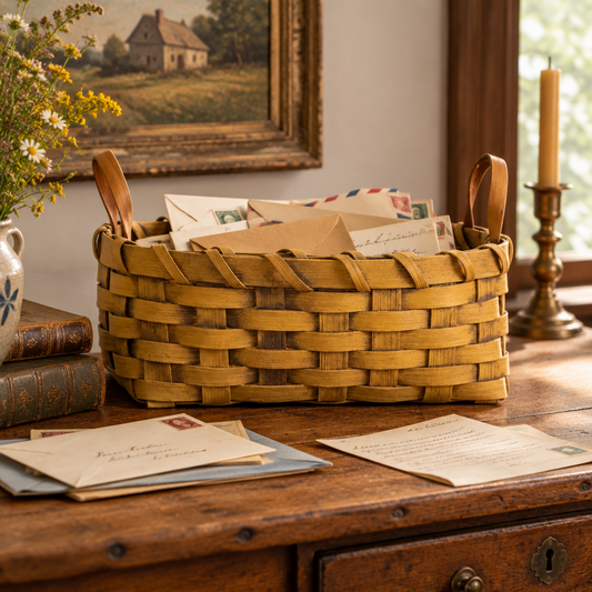 Basket with mail on an antique desk.
