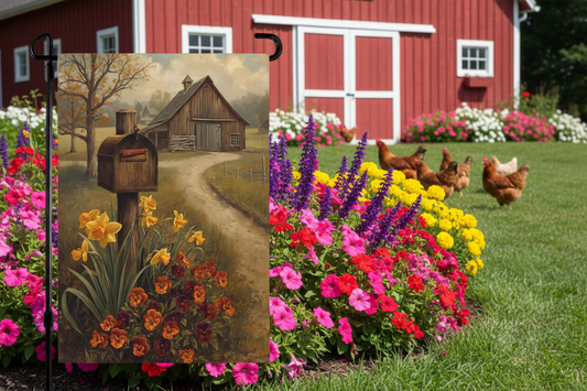 Decorative garden flag with a barn and mailbox design, placed in front of a colorful flower bed and red barn.