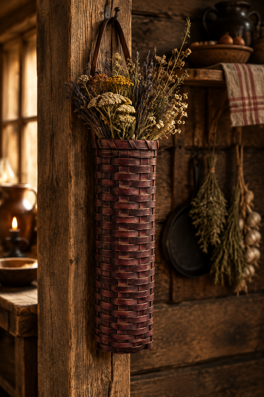 Burgundy basket with dried flowers hanging on a beam in a primitive room.