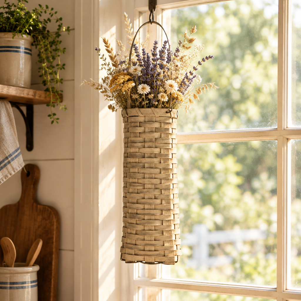 Basket of dried flowers hanging in a sunny window.
