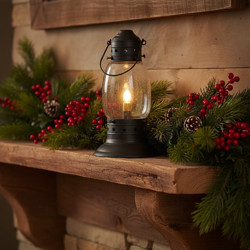 Electric onion lamp on primitive mantel with fresh greens and berries