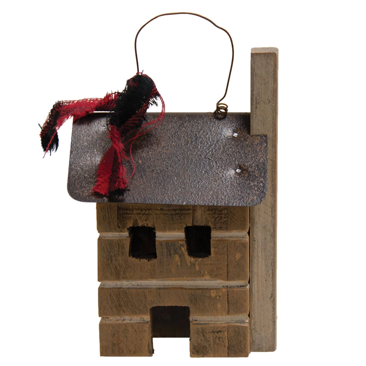 Wooden birdhouse with a red and black feather decoration on a white background