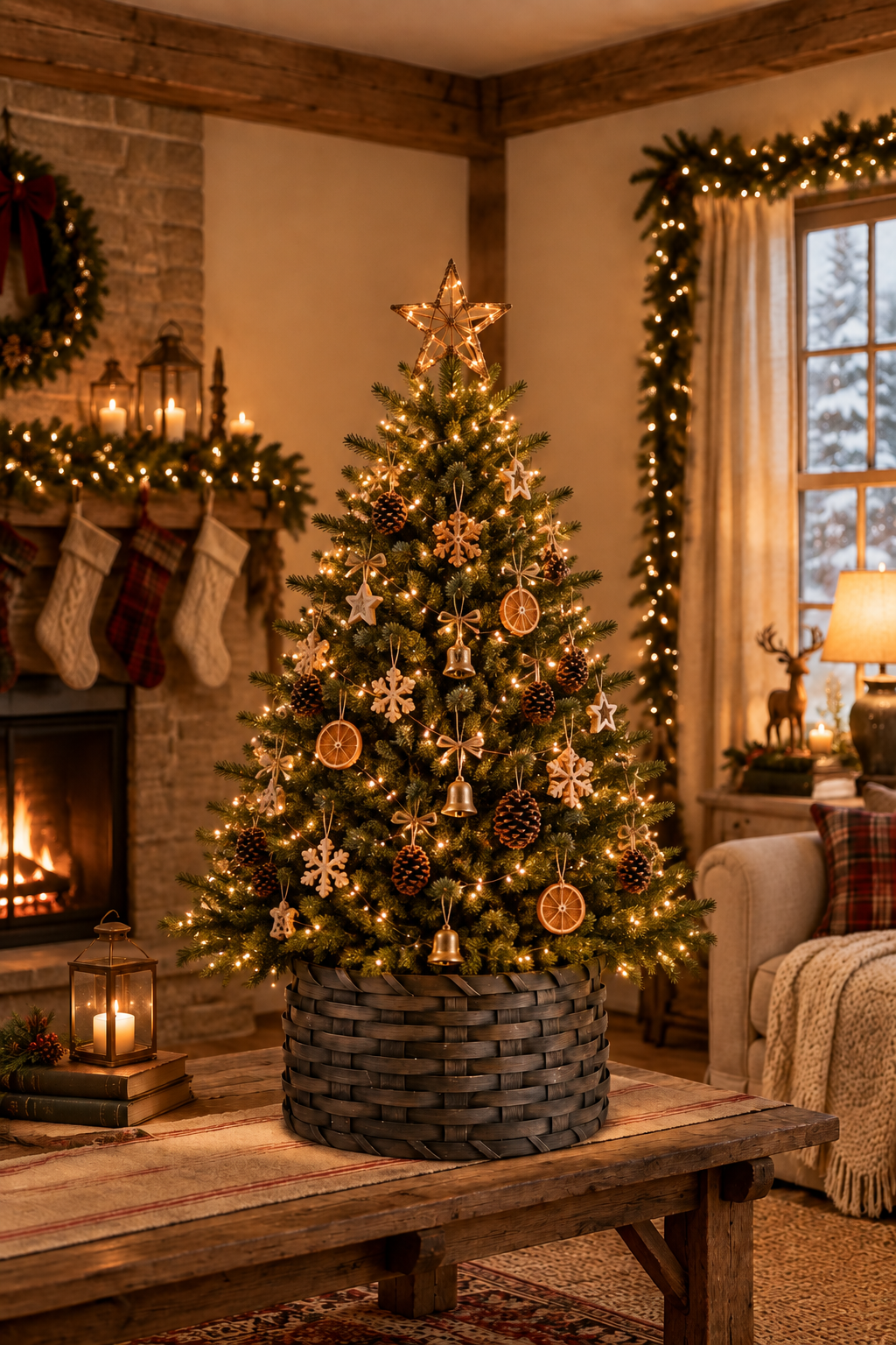 Primitive basket collar with pine tree in a warm room decorated for Christmas.