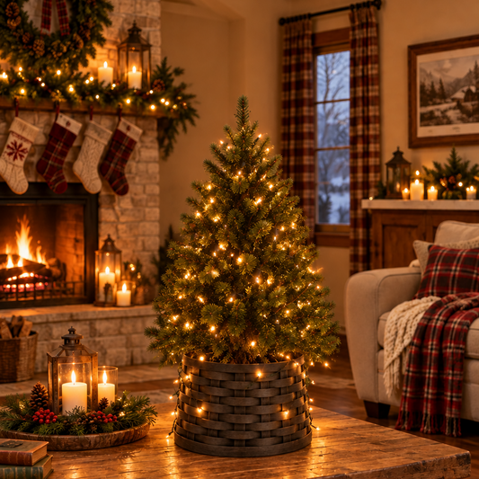 Pine tree inside basket tree collar in a cozy room decorated for Christmas.