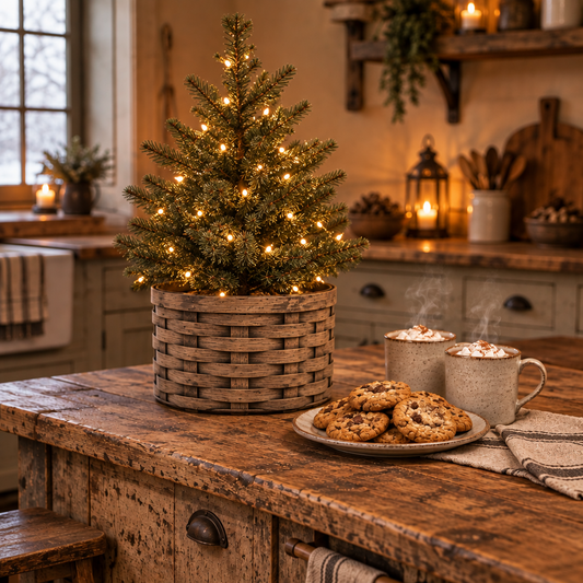 Pine tree in basket collar next to cookies and cocoa in a primitive room.