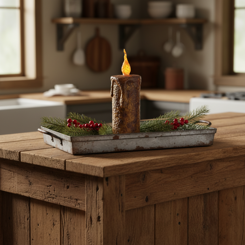 Decorative candle with a flame on a tin tray with fresh greens and berries