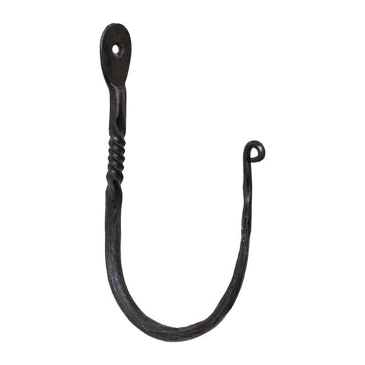 A twisted wrought iron wall hook with a curved hook and a twisted handle, isolated on a white background.
