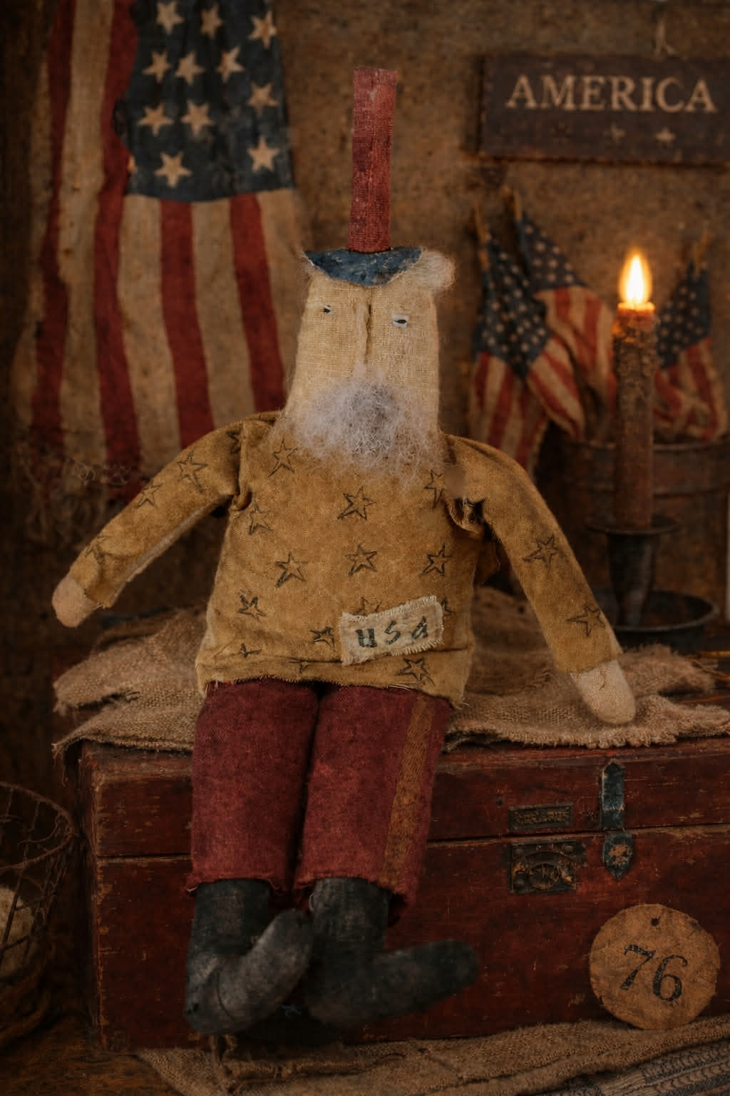 Vintage-style toy figure with American flag and 'America' sign in a rustic setting