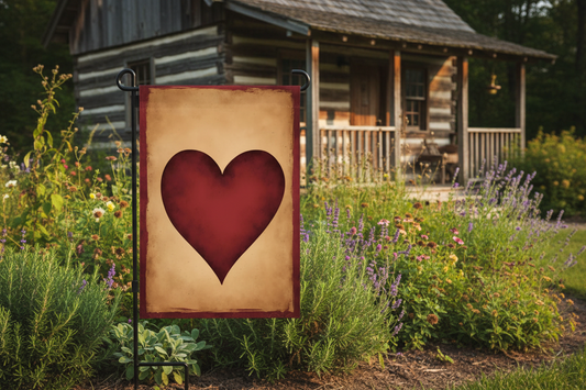 Heart-shaped sign in a garden with a wooden cabin in the background