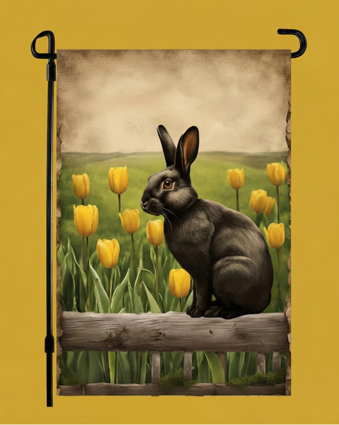 Decorative garden flag with a rabbit and tulips, featuring the text 'Welcome Spring'.