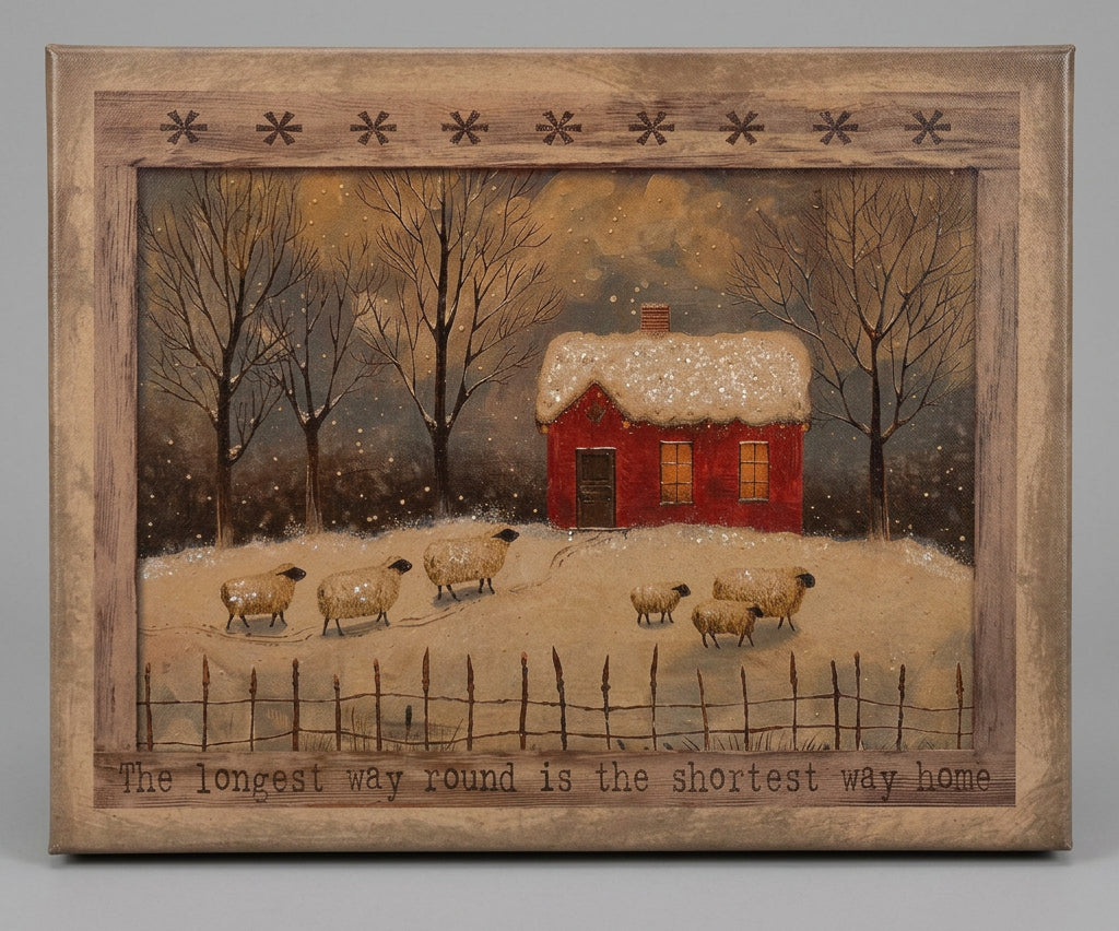 Primitive winter artwork of sheep beside a snow-covered red house, with bare trees and the saying “The longest way round is the shortest way home.”
