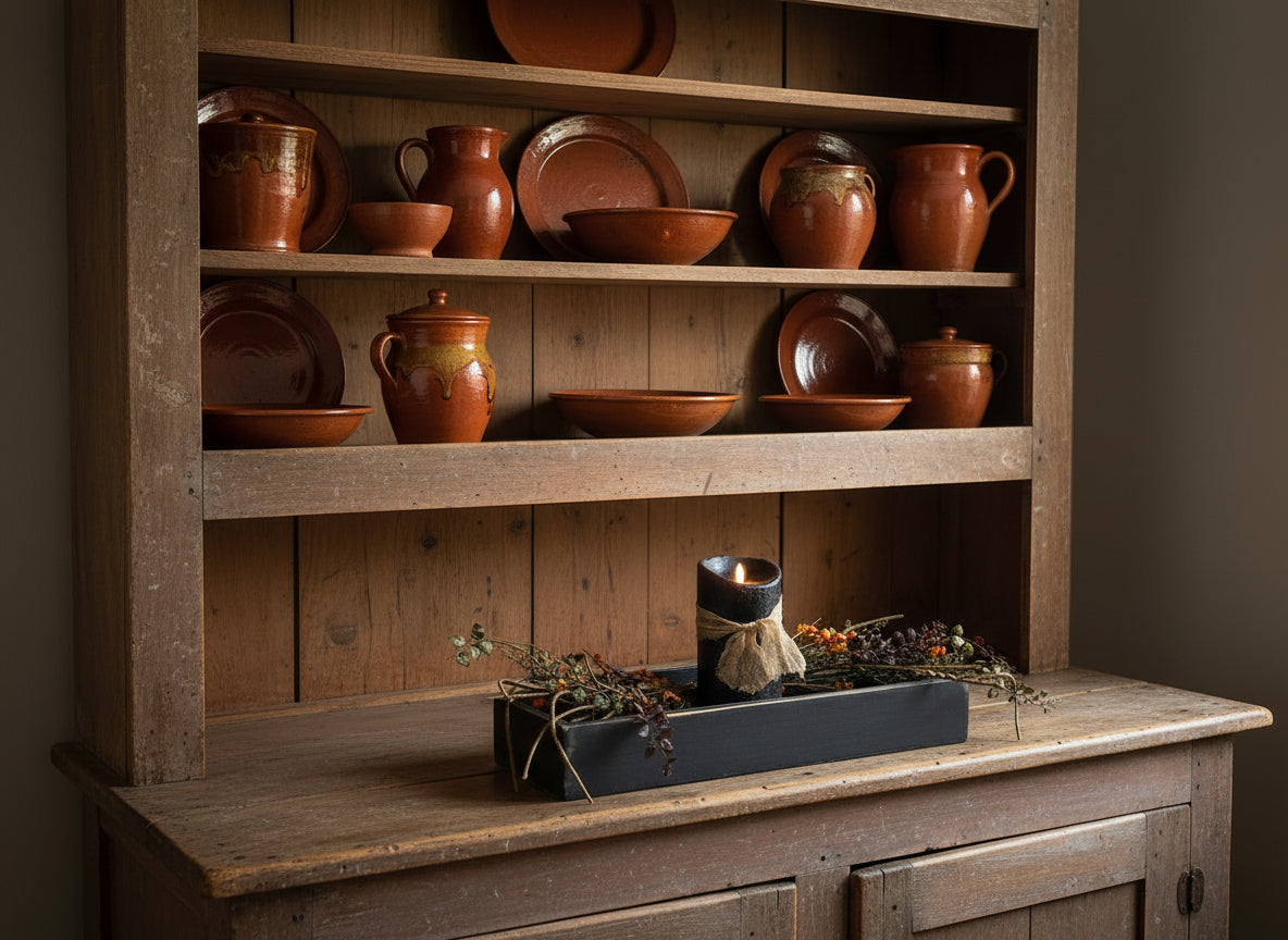 Wooden tray with a candle displayed on a step back cupboard with redware pottery