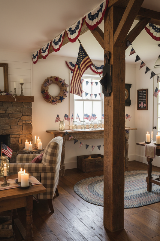 Living room with American flag decorations and candles on a wooden floor.