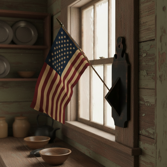 American flag hanging on a wooden wall with a window in the background