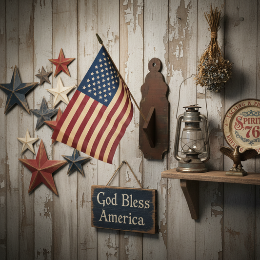 Decorative wall with American flag, stars, lantern, and 'God Bless America' sign on a wooden background.