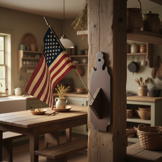 American flag hanging on a wooden post in a rustic kitchen.