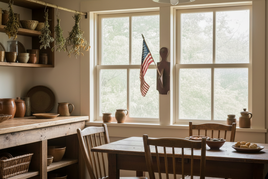 Dining room with wooden table and chairs, shelves with pots and flags, and large windows.