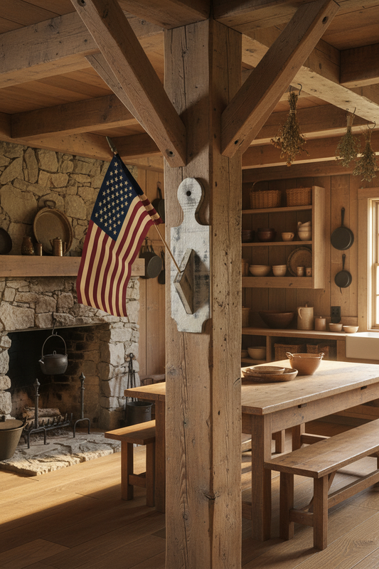 Wooden interior with a table, benches, and an American flag hanging on a stone wall.