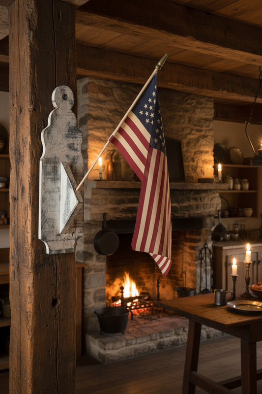 American flag hanging above a fireplace in a rustic room with wooden beams and a table.