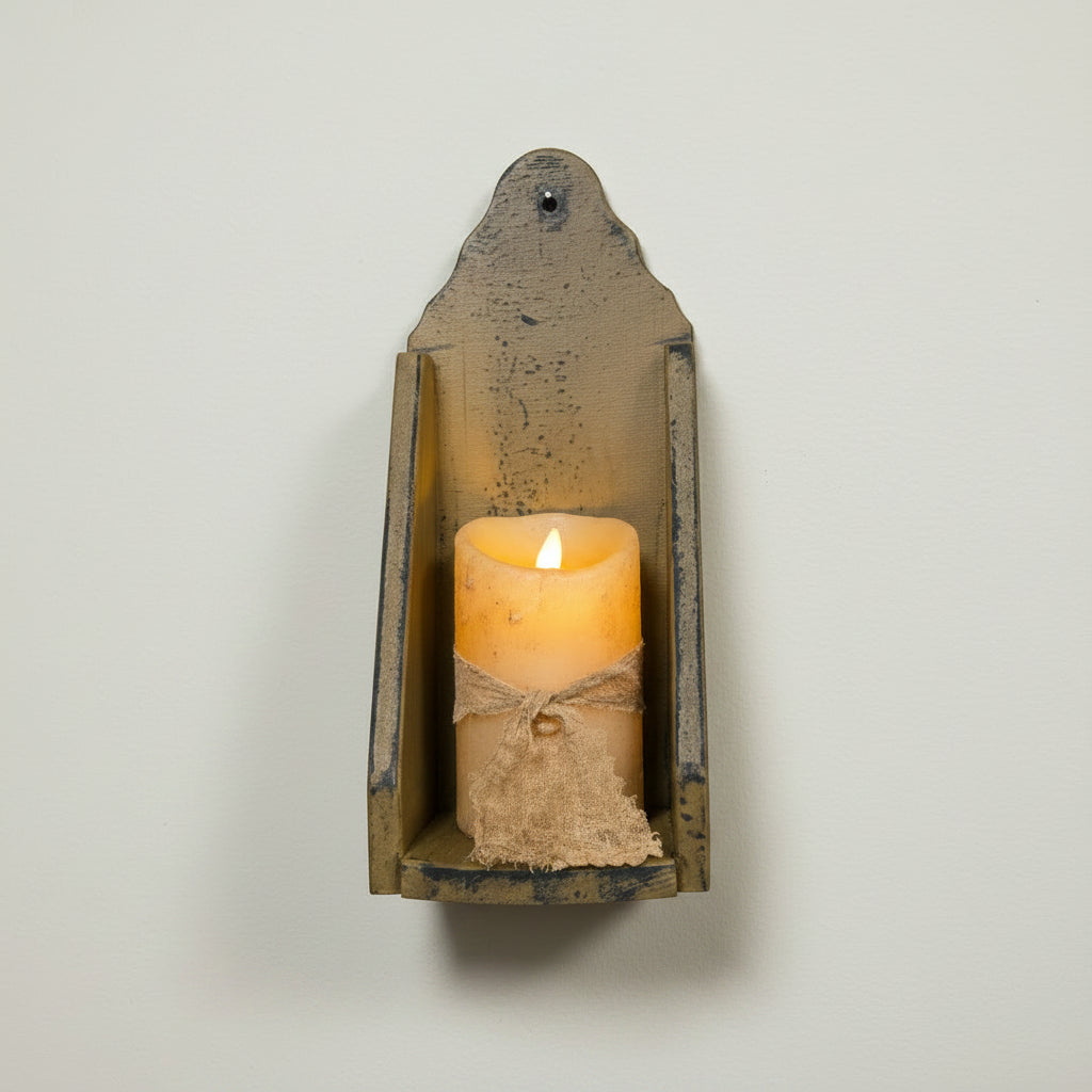 Vintage-style wall sconce with a lit candle on a rustic wooden background