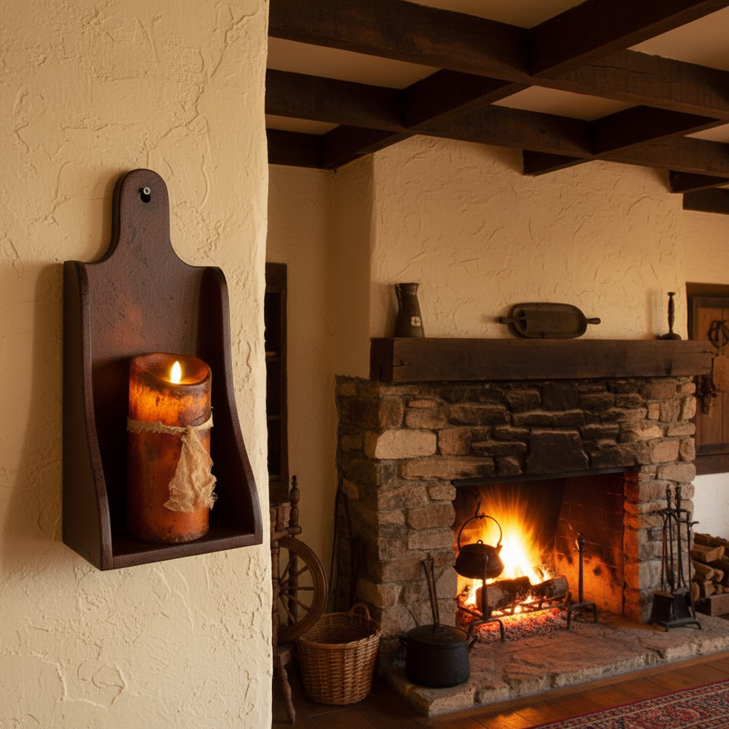 Cozy room with stone fireplace and candle holder on wall