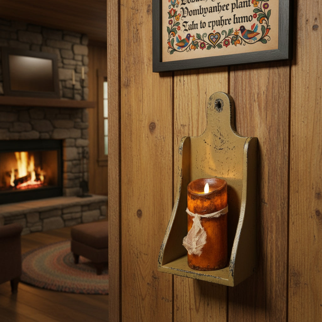 Decorative wall sconce with a candle inside on a wooden background
