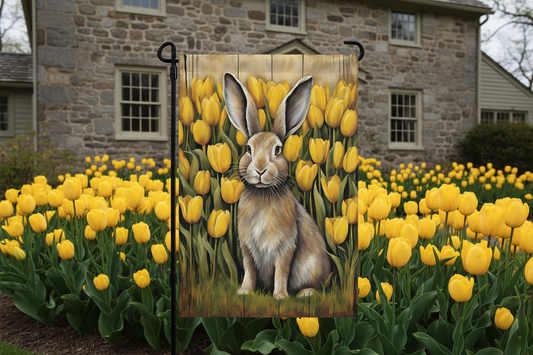 Flag with a rabbit and yellow tulips design in front of a stone building.