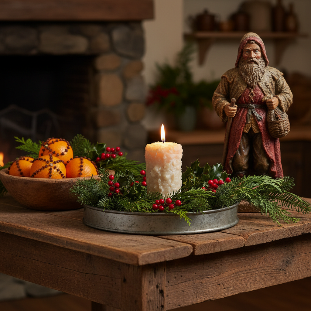 Decorative setup with a lit candle, fruit, and figurine on a wooden table.