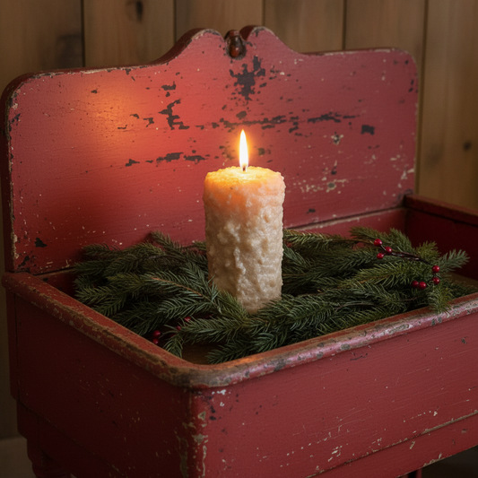 Candle in a decorative red box with greenery against a wooden background