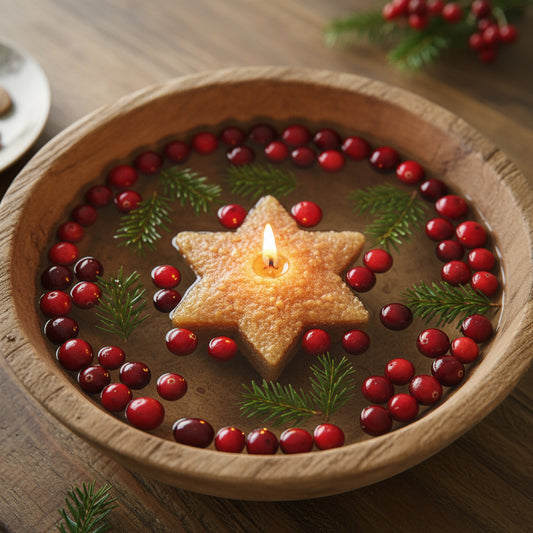Star-shaped candle in a wooden bowl with cranberries and greenery on a wooden surface