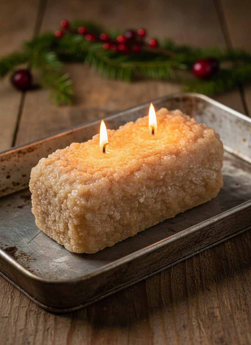 Rectangular candle with two lit wicks on a metal tray with a festive background