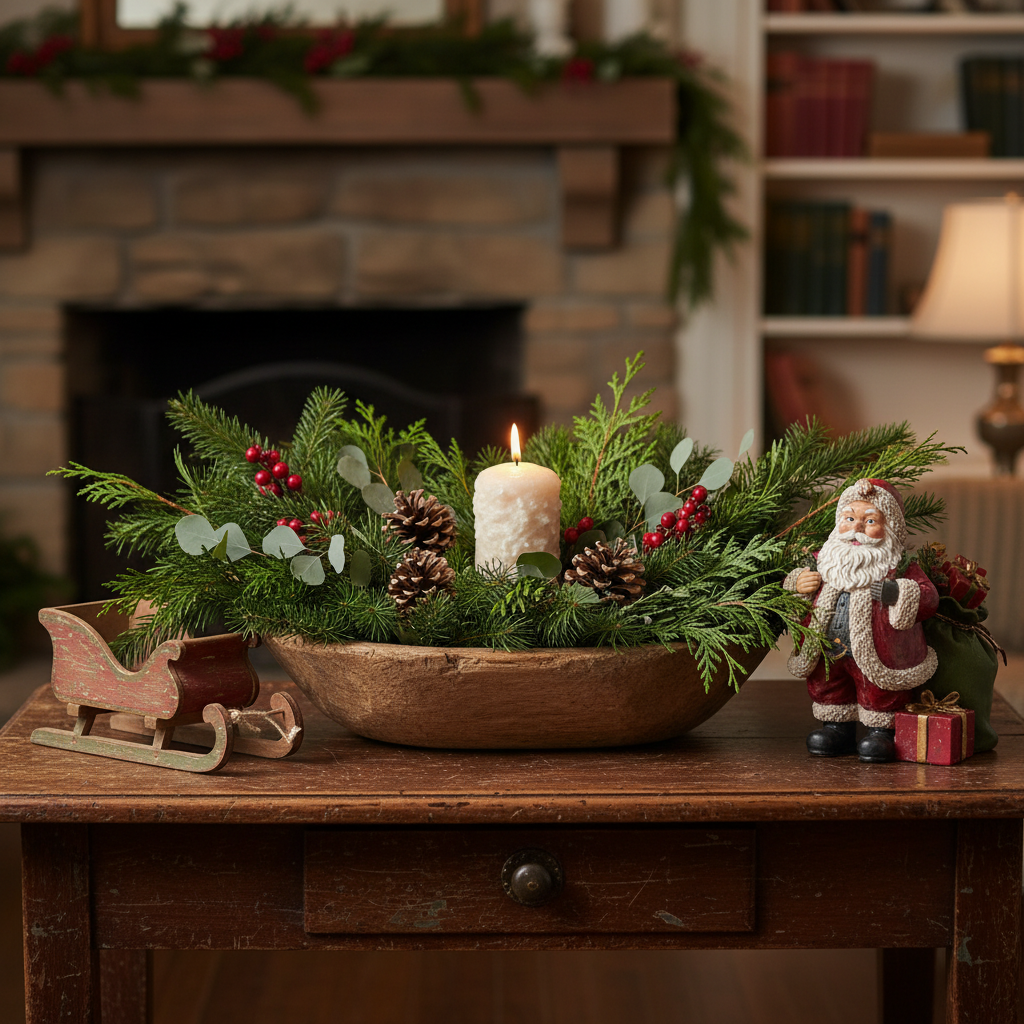 Christmas arrangement with a candle, Santa figurine, and decorative items on a wooden table.