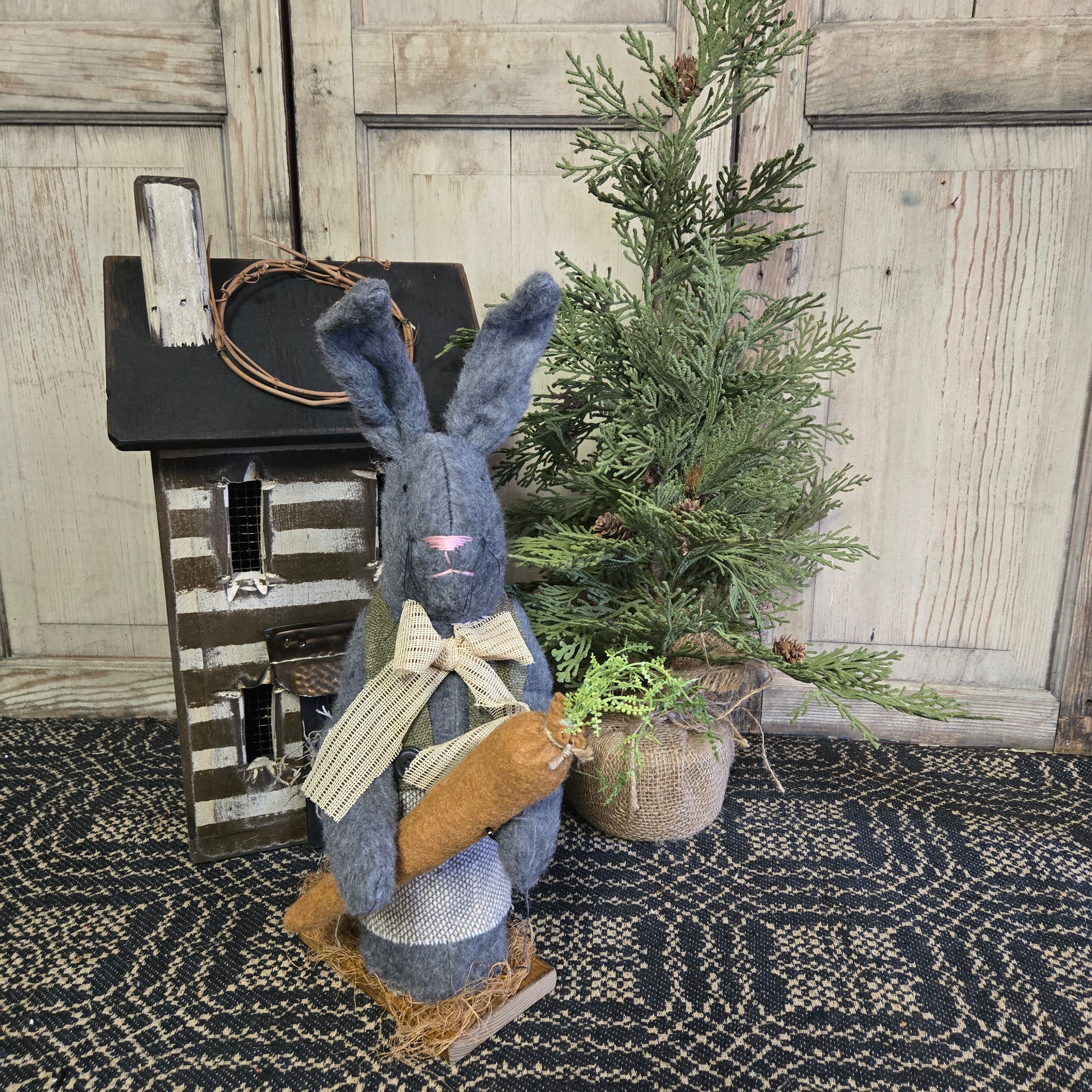 Primitive Gray Bunny Holding Carrot