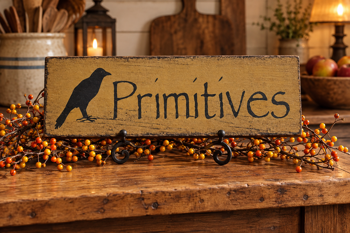 A rustic wooden sign with a black crow silhouette and the word 'Primitives' in dark lettering, displayed on a wooden table with autumn berry garlands and warm home decor in the background.