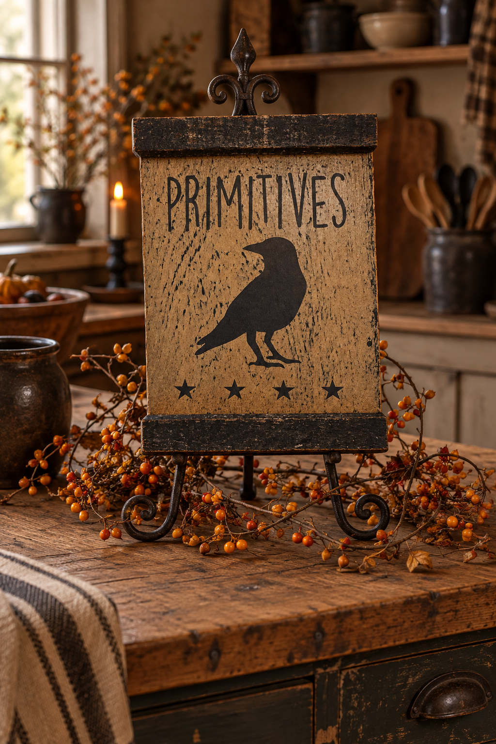 A rustic decorative sign with the word “PRIMITIVES” and a black raven silhouette, displayed on a small metal easel stand on a wooden table in a cozy kitchen setting with berry garlands and candles.
