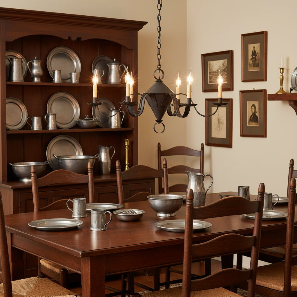 Black chandelier with six candle-style lights hanging over table in colonial home with pewter collection.