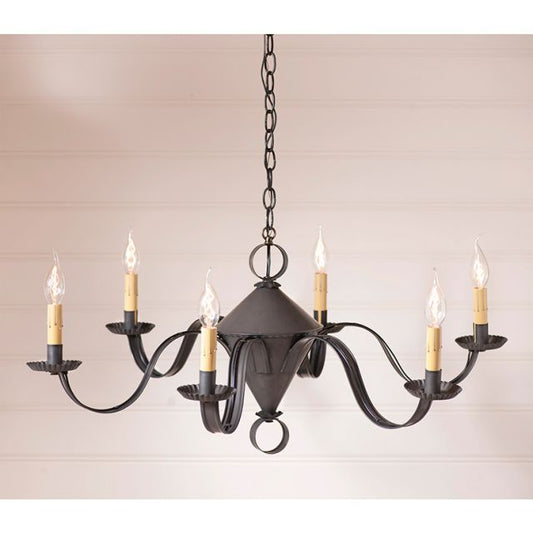 Black chandelier with six candle-style lights on a beige background