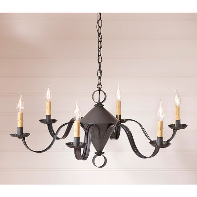 Black chandelier with six candle-style lights on a beige background