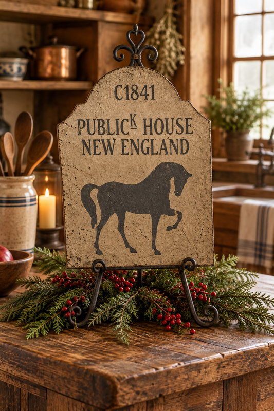 Rustic decorative sign reading 'C1841 PUBLIC HOUSE NEW ENGLAND' with a black horse silhouette, displayed on a black metal stand atop a wooden table with evergreen garland and red berries in a cozy kitchen setting.