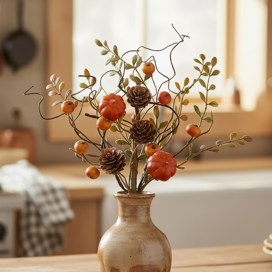 Decorative arrangement with pumpkins and pinecones in a vase on a table.