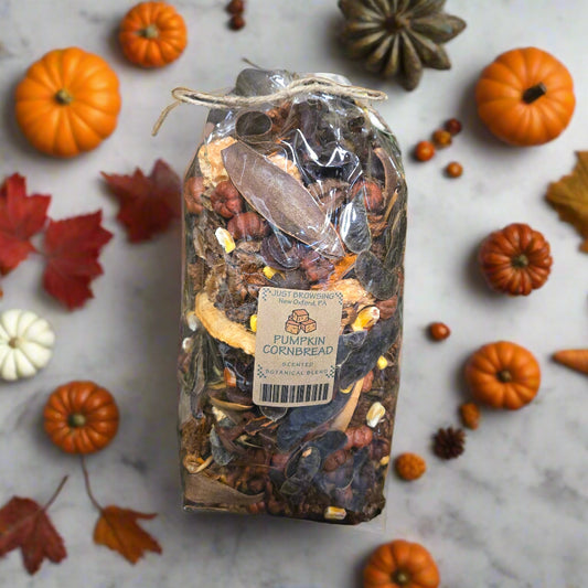 Bag of dried herbs and spices with a label on a dark background