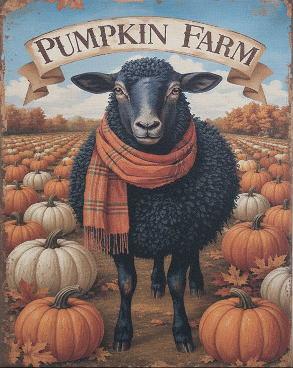 A rustic decorative sign featuring a black sheep in an orange scarf among pumpkins, with a banner reading 'Pumpkin Farm,' mounted on a weathered wooden surface.