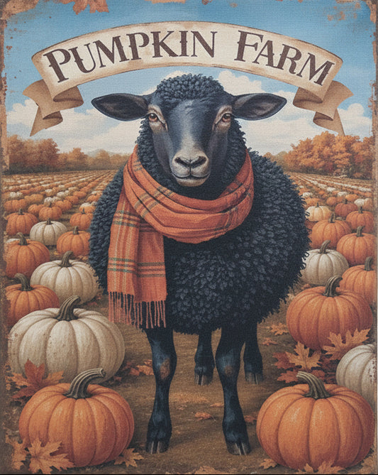 A rustic decorative sign featuring a black sheep in an orange scarf among pumpkins, with a banner reading 'Pumpkin Farm,' mounted on a weathered wooden surface.